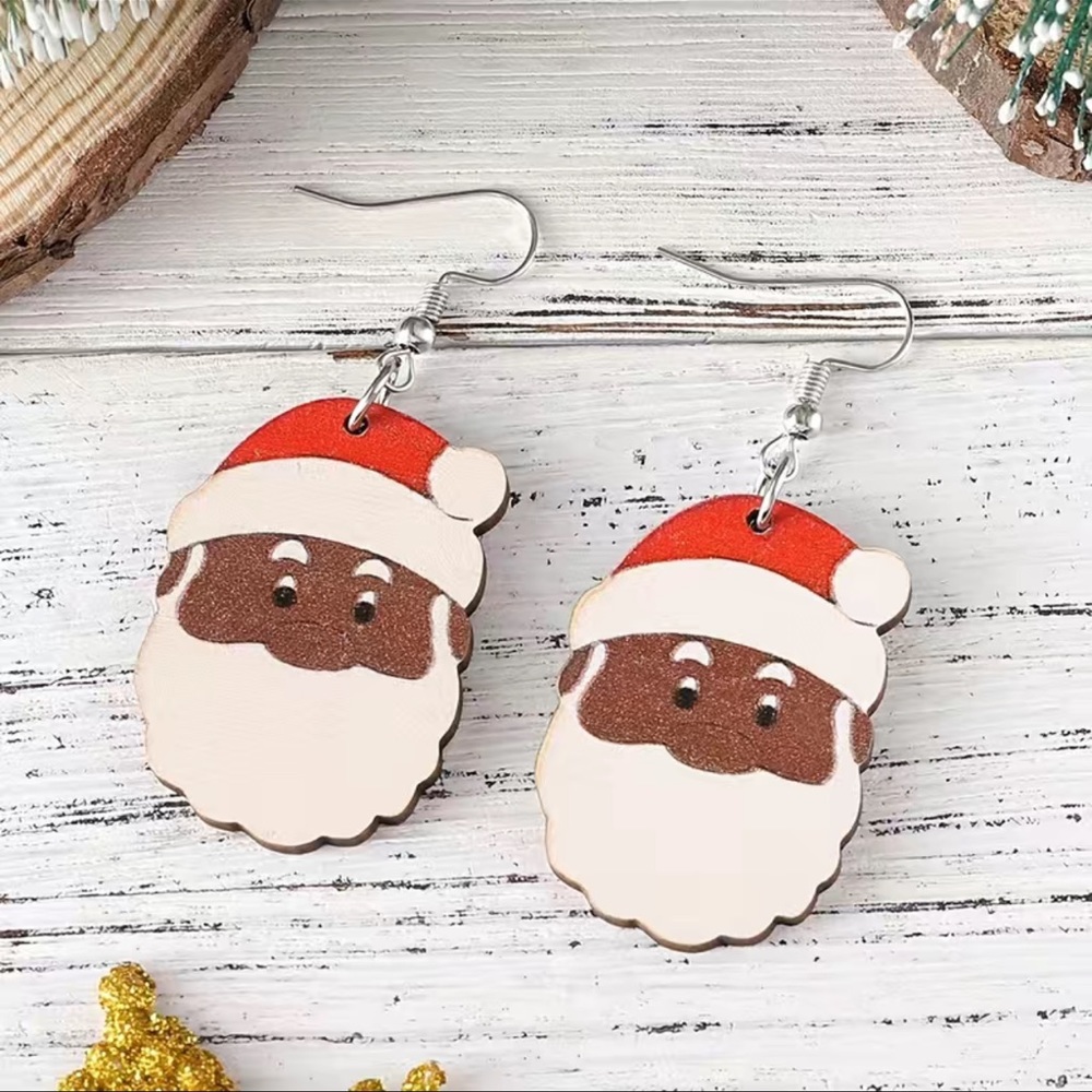 NIP Vintage style African American SANTA Clause Light Wood Earrings